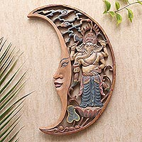 Panel en relieve de madera, 'Ganesha of the Moon' - Panel en relieve de luna creciente con temática de Ganesha