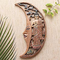 Wood relief panel, 'Buddha of the Moon' - Buddha-Themed Crescent Moon Relief Panel