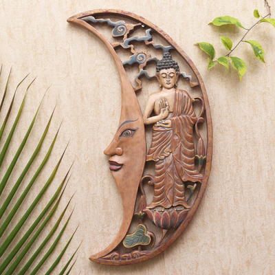 Panel en relieve de madera - Panel en relieve de luna creciente con temática de Buda