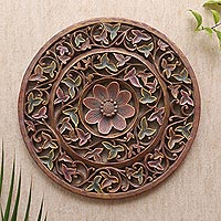 Wood relief panel, 'Infinity Flowers' - Hand Carved Floral Relief Panel from Bali