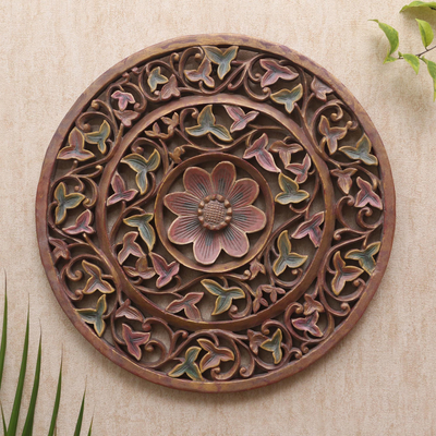 Wood relief panel, 'Infinity Flowers' - Hand Carved Floral Relief Panel from Bali