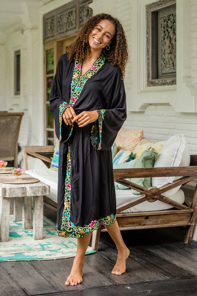 Embroidered robe, 'Night Flowers' - Embroidered Black Rayon Robe