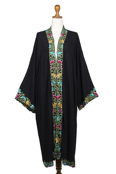 Embroidered robe, 'Night Flowers' - Embroidered Black Rayon Robe