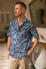 Men's batik cotton shirt, 'Lazy Day in Blue' - Men's Batik Cotton Short-Sleeved Shirt