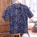Men's batik cotton shirt, 'Lazy Day in Blue' - Men's Batik Cotton Short-Sleeved Shirt