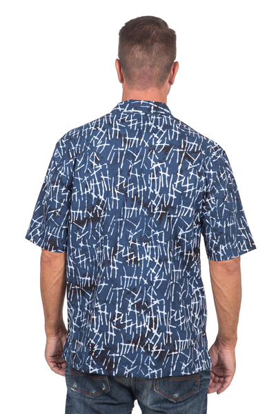 Men's batik cotton shirt, 'Lazy Day in Blue' - Men's Batik Cotton Short-Sleeved Shirt