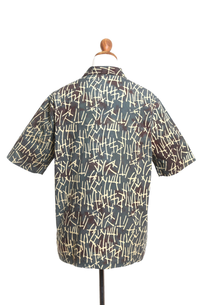 Men's batik cotton shirt, 'Lazy Day in Yellow' - Men's Batik Cotton and Coconut Shell Button Shirt