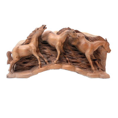 Hand Made Suar Wood Horse-Motif Sculpture