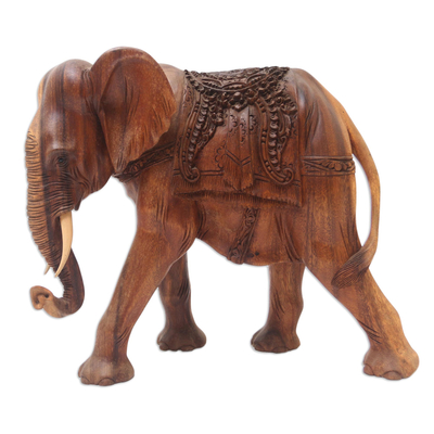 Wood sculpture, 'Costumed Elephant' - Hand Carved Suar Wood Elephant Sculpture