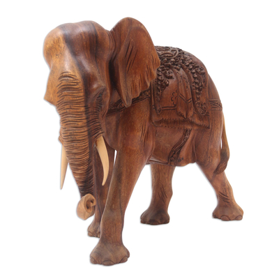 Wood sculpture, 'Costumed Elephant' - Hand Carved Suar Wood Elephant Sculpture