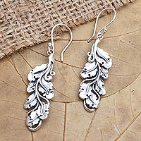 Sterling silver dangle earrings, 'Singaraja Leaves' - Artisan Crafted Sterling Silver Dangle Earrings