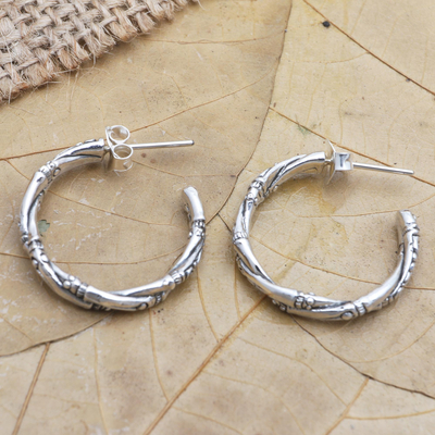 Sterling silver half-hoop earrings, 'Bamboo for You' - Handmade Sterling Silver Half-Hoop Earrings