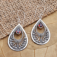 Garnet and Sterling Silver Balinese Dangle Earrings,'Peacock Teardrop'