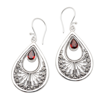 Garnet and Sterling Silver Balinese Dangle Earrings