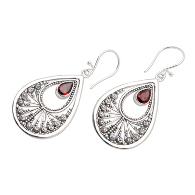 Garnet dangle earrings, 'Peacock Teardrop' - Garnet and Sterling Silver Balinese Dangle Earrings