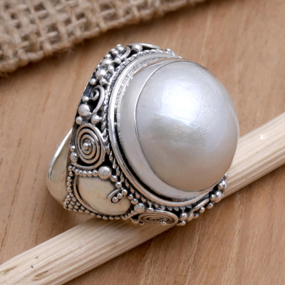Cultured pearl cocktail ring, 'Balinese Glow' - Sterling Silver and Cultured Mabe Pearl Cocktail Ring