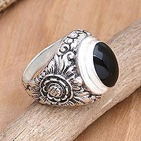 Onyx cocktail ring, 'Black Balinese Flower' - Onyx and Sterling Silver Floral-Motif Cocktail Ring
