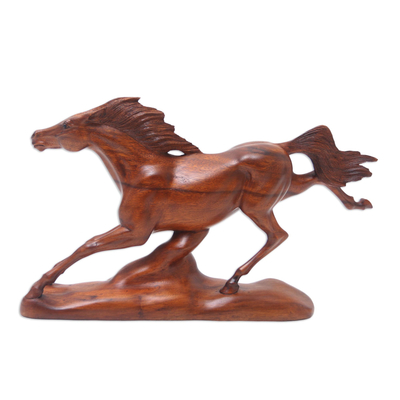 Wood sculpture, 'Fleet Footed' - Handmade Suar Wood Horse Sculpture