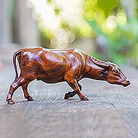 Wood sculpture, 'Hungry Buffalo' - Hand Made Suar Wood Buffalo Sculpture