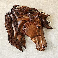 Wood relief panel, 'Majestic Mane' - Suar Wood Horse Head Relief Panel