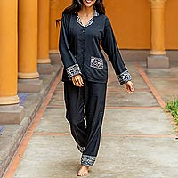 Batik rayon pajama set, 'Dark Rose in Long Sleeve' - Handmade Batik Rayon Pajama Set