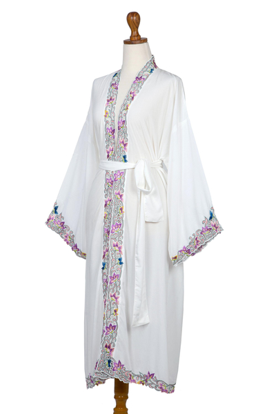 Embroidered cotton robe, 'White Lillies' - Embroidered White Cotton Robe