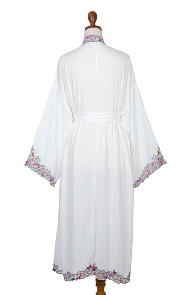 Embroidered robe, 'White Lilies' - Embroidered White Rayon Robe