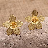 Gold-plated button earrings, 'Golden Hibiscus' - Gold-Plated Floral Button Earrings