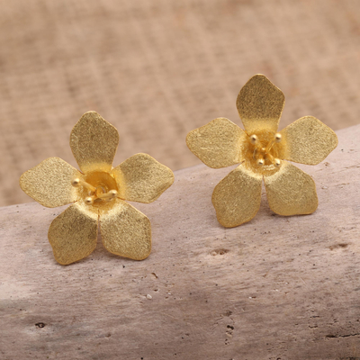 Pendientes botón chapados en oro - Pendientes botón floral baño oro