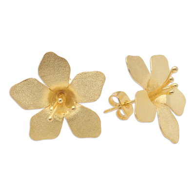 Gold-plated button earrings, 'Golden Hibiscus' - Gold-Plated Floral Button Earrings
