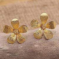 Gold-plated button earrings, 'Azalea Bloom' - Gold-Plated Floral Button Earrings