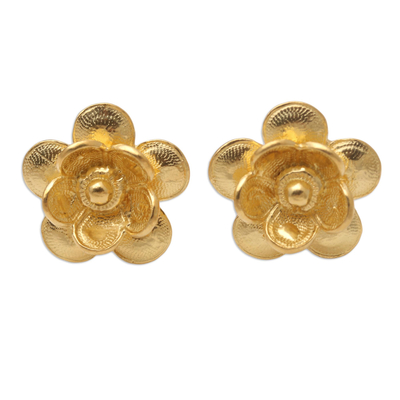 Gold-Plated Floral-Motif Button Earrings