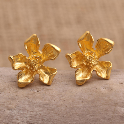 Gold-plated button earrings, 'Pepaya Flower' - Handcrafted Gold-Plated Floral Button Earrings