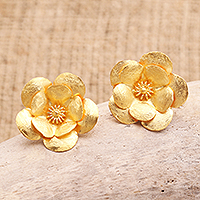 Gold-plated button earrings, 'Azalea Petals' - Handmade Gold-Plated Floral Button Earrings
