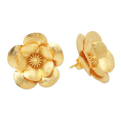 Pendientes botón chapados en oro - Pendientes de botón floral chapados en oro hechos a mano