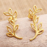 Gold-plated drop earrings, 'Golden Stalk' - Handmade Gold-Plated Sterling Silver Drop Earrings