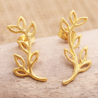 Gold-plated drop earrings, 'Golden Stalk' - Handmade Gold-Plated Sterling Silver Drop Earrings