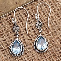 Blue topaz dangle earrings, 'Ice Blue Elegance' - Sterling Silver and Blue Topaz Dangle Earrings