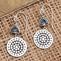 Blue topaz dangle earrings, 'Frosty Sun' - Sterling Silver and Blue Topaz Balinese Earrings