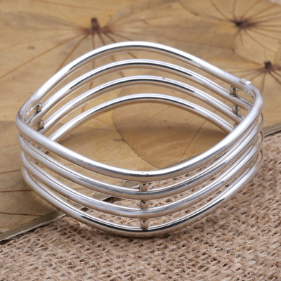 Sterling silver bangle bracelet, 'Water Waves' - Hand Made Sterling Silver Bangle Bracelet