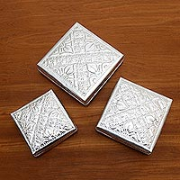 Decorative aluminum boxes, 'Shining Sunrise' (set of 3) - Handmade Decorative Aluminum Boxes (Set of 3)