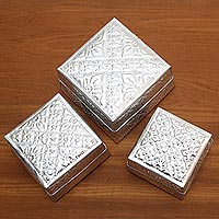 Decorative aluminum boxes, 'Lempuyang Sunset in Medium' (set of 3) - Artisan Crafted Decorative Aluminum Boxes (Set of 3)