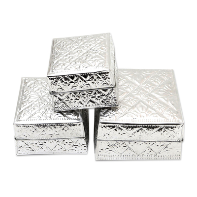 Decorative aluminium boxes, 'Lempuyang Sunset in Medium' (set of 3) - Artisan Crafted Decorative aluminium Boxes (Set of 3)