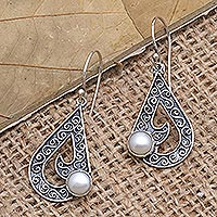 Cultured pearl dangle earrings, 'Sea Waves in White' - Sterling Silver and Cultured Freshwater Pearl Dangle Earring