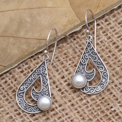 Cultured pearl dangle earrings, 'Sea Waves in White' - Sterling Silver and Cultured Freshwater Pearl Dangle Earring