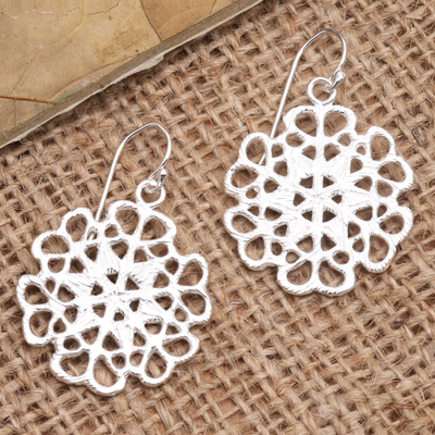 Sterling silver dangle earrings, 'Crocheted Rose' - Openwork Sterling Silver Dangle Earrings