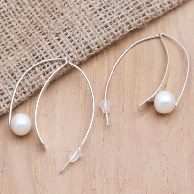Cultured pearl drop earrings, 'Ocean Pearl' - Cultured Pearl and Sterling Silver Drop Earrings