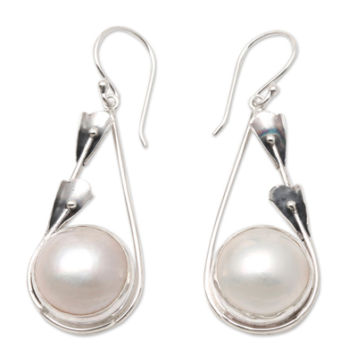 Cultured pearl dangle earrings, 'Forest by the Beach' - Handcrafted Pearl and Sterling Silver Dangle Earrings