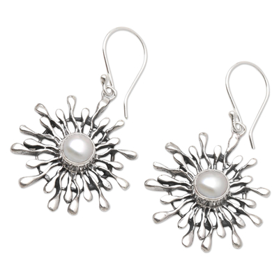 Cultured pearl dangle earrings, 'Radial Pearl' - Handmade Sterling Silver and Pearl Dangle Earrings