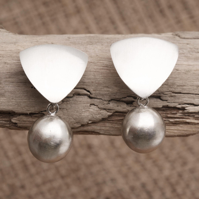 Sterling silver dangle earrings, 'Triangular Heart' - Matte Finish Sterling Silver Dangle Earrings